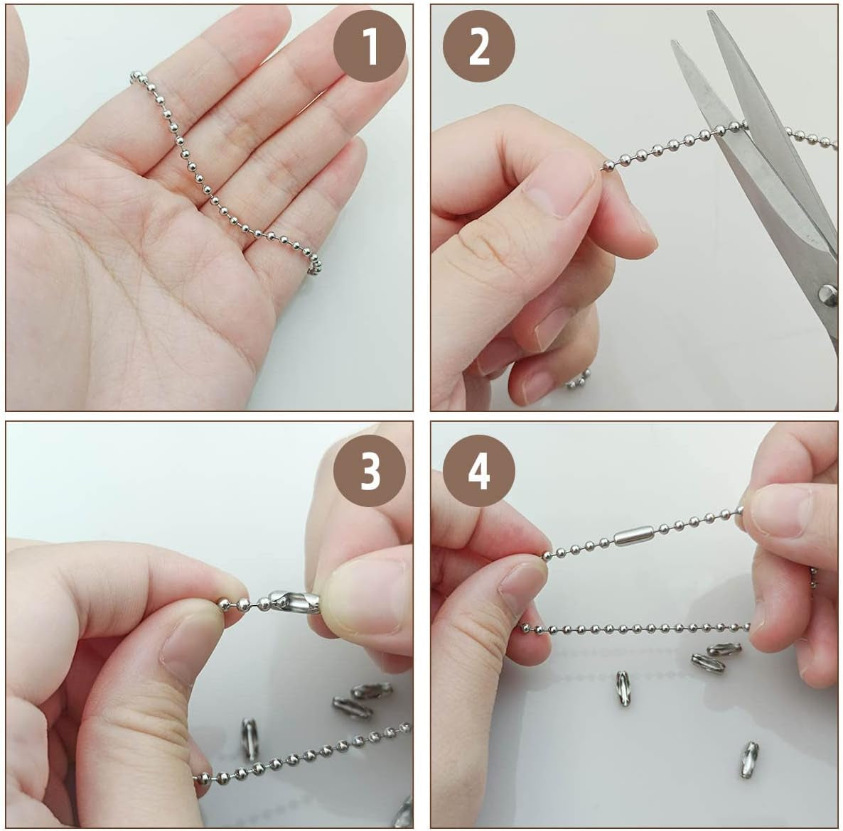 32.8 Feet Stainless Steel Ball Beaded Chain Necklace Chains for Making Jewelry with 20 Pieces Matching Connectors Silver Color Metal Pull Chain Roll Spool Ball for Dog Tag DIY (2.4Mm in Diameter)