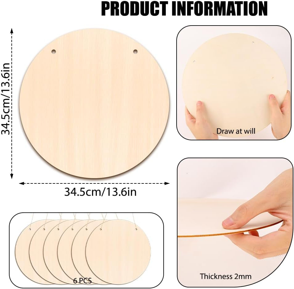 6 Pack Wood Circles for Crafts 14 Inch Unfinished Wood Slices Blank Wooden Door Hanger Sign round Wood Discs with Bows Twine Glue Point for DIY Crafts Painting Christmas Home Holiday Decor
