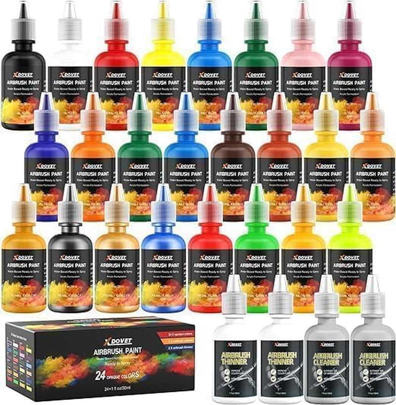 24 Colors Airbrush Paint Set (30 Ml/1 Oz) with Thinner & Cleaner, Ready to Spray, Opaque & Neon Colors, Water-Based, Premium Acrylic Airbrush Paint Kit for Beginners, Hobbyist and Artists