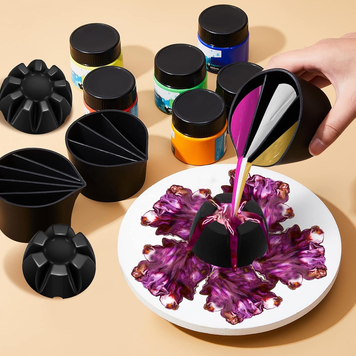6 Pieces Split Cups for Paint Pouring Supplies Silicone Split Cups Acrylic Paint Mixing Cups 3/4/5 Channels Dividers Paint Pouring Supplies Resin Art Crafts DIY Drawing Tools