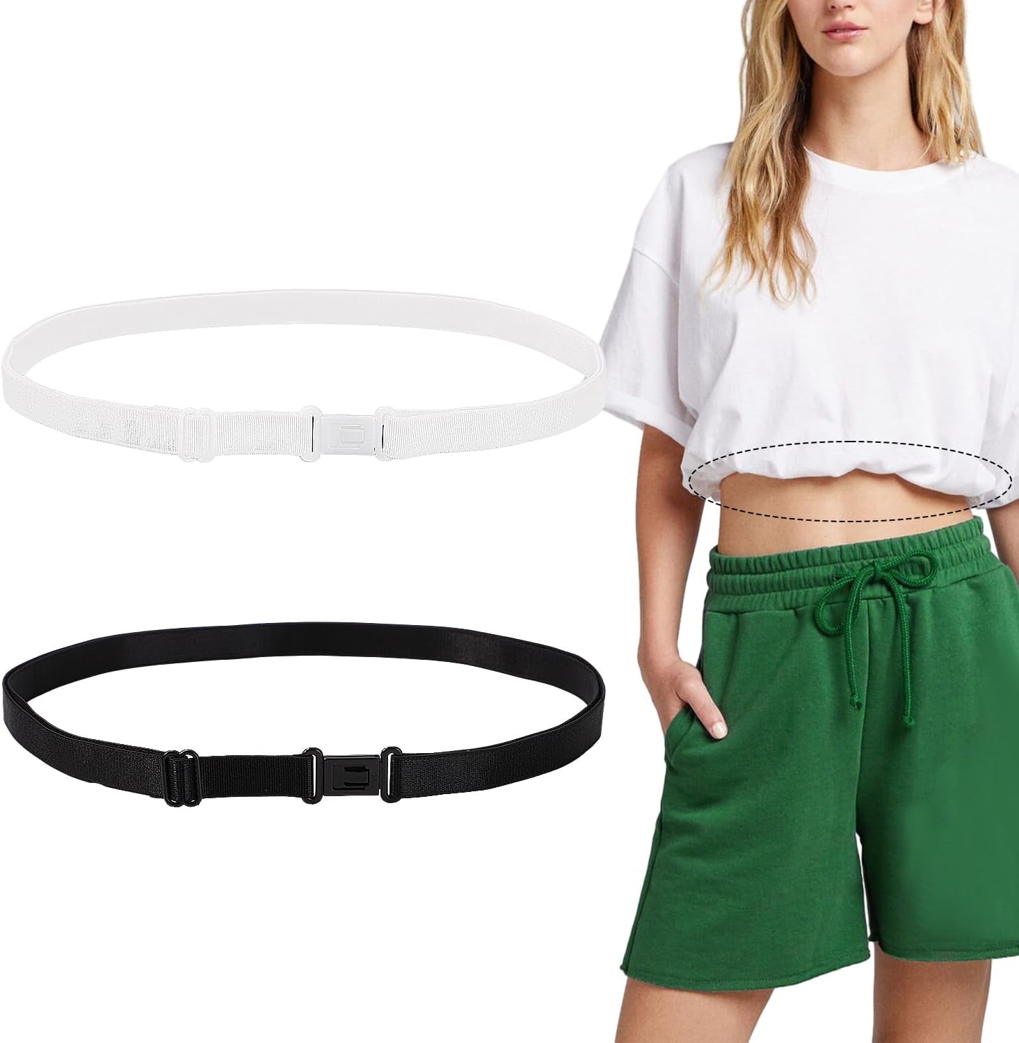 2Pcs Adjustable Crop Tuck Band for Shirts, Shirt Tuck Band Shirt Cropping Band Elastic Crop Top Band Tucking Belt for Women, Change the Style of Your Tops (Black + White)
