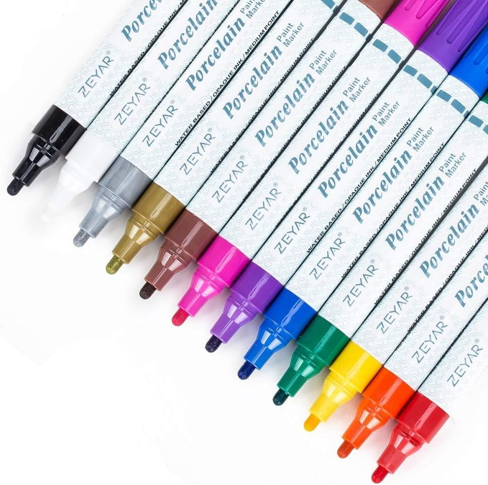 Acrylic Paint Pens for Porcelain, Professional Ceramic Painting, 12 Colors Water-Based, Medium Point, Water and Fade Resistant, DIY on Mugs and Other Ceramics for Permanent Collection