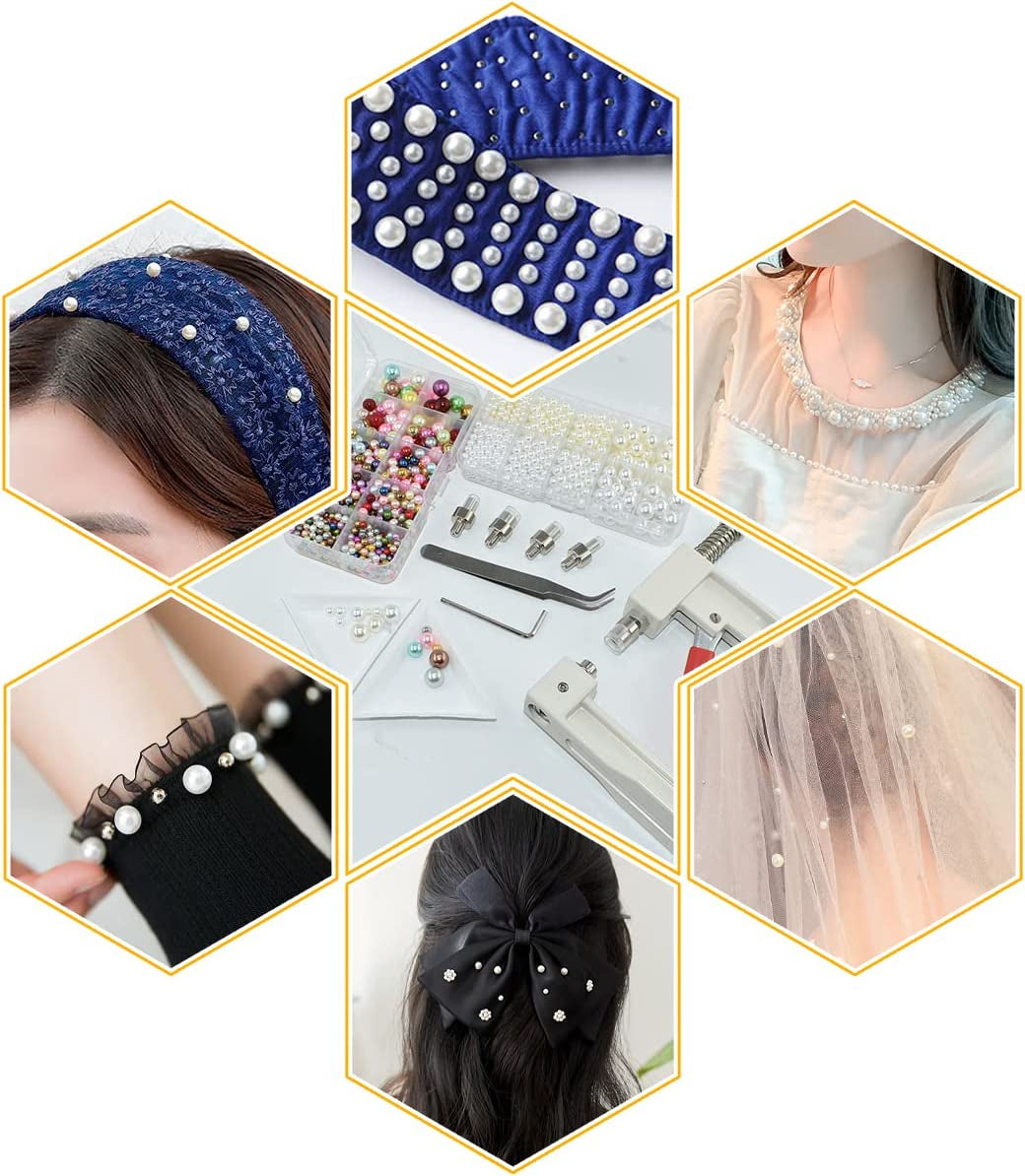 Pearl Handmade Setting Machine with 5 Sizes of round Pearl ABS Beads Rivet Studs and 900 Pcs Nailheads Spots Studs Kit for Hats Shoes Clothes Bags Skirts Beads DIY Accessories