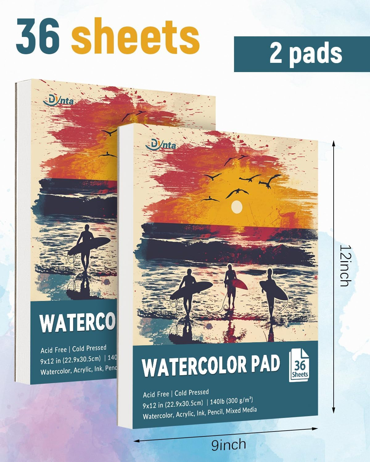 Watercolor Paper Pad 9X12 Inch, 140 Lb (300Gsm) 72 Sheets (2 Packs), Textured Painting Paper, Glued Binding - Ideal for Art, Drawing, Mixed Media, Artists, Students, Kids