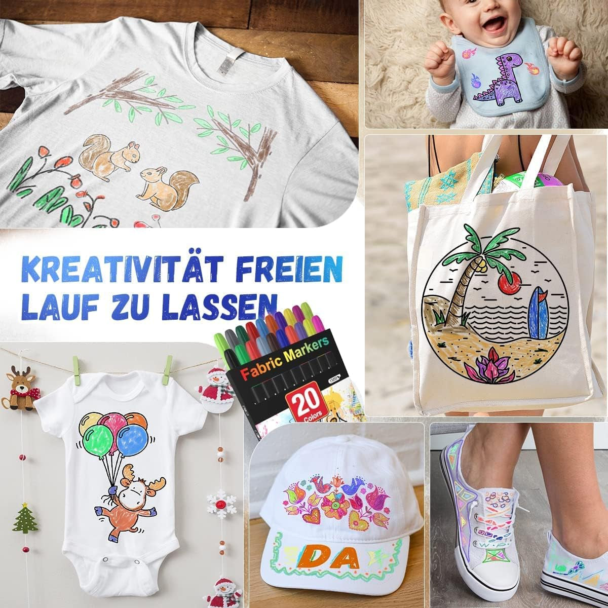 Fabric Markers Permanent for Clothes Sneaker Shoes T Shirt Baby Onesies Bibs Bodysuit Pillow Canvas Tote Bags Graffiti Kids Adults Fabric Decorating, Fine Point Pen Fabric Paint Pens Set of 20 Colors