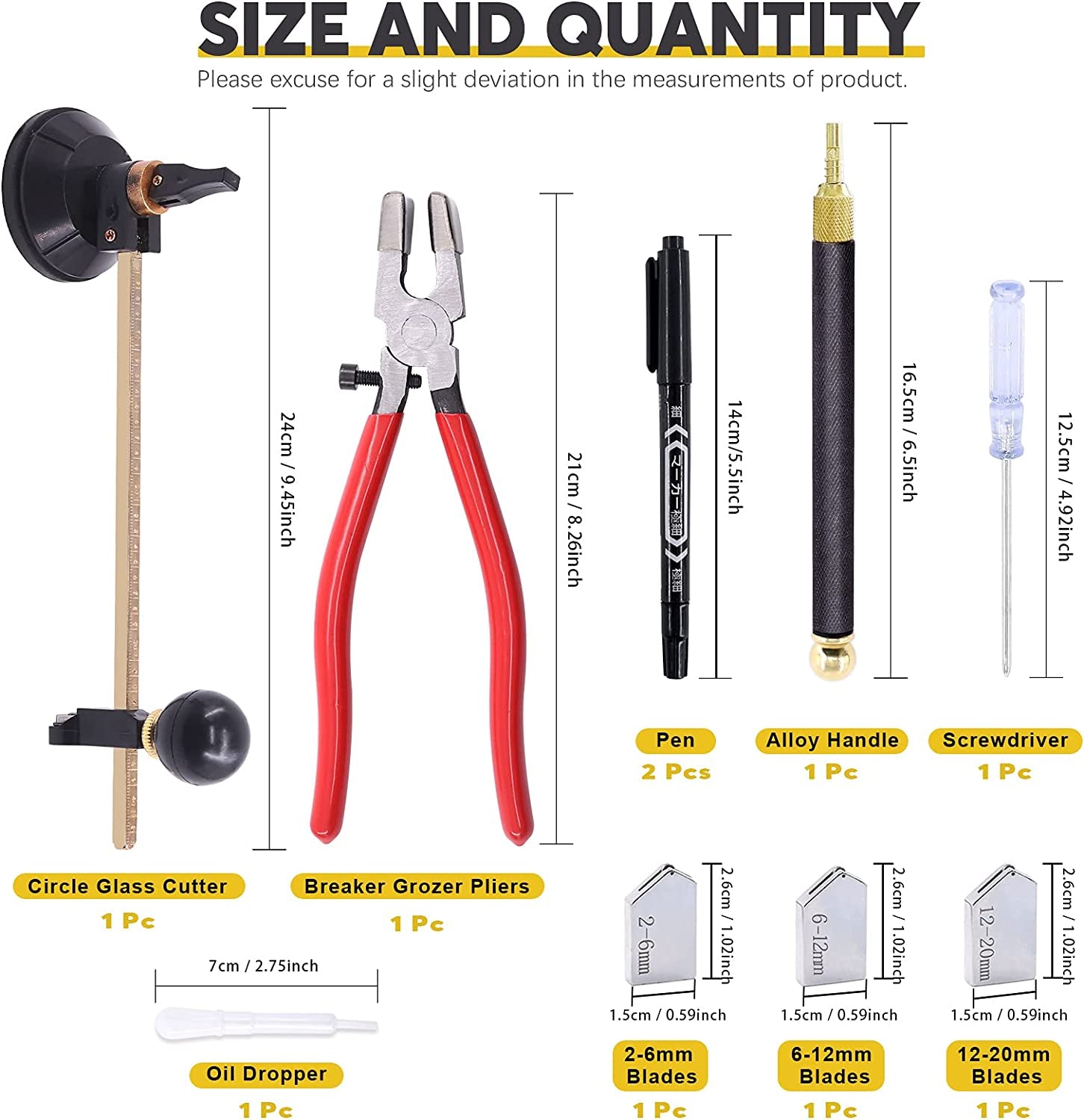 9 Pcs Glass Cutting Tool Set Kit Includes Adjustable Circular Glass Cutter, Glass Running Pliers with Rubber Tip, 2Mm-20Mm Oil Feed Carbide Tip with 3 Bonus Blades for Mirrors Tiles Mosaic