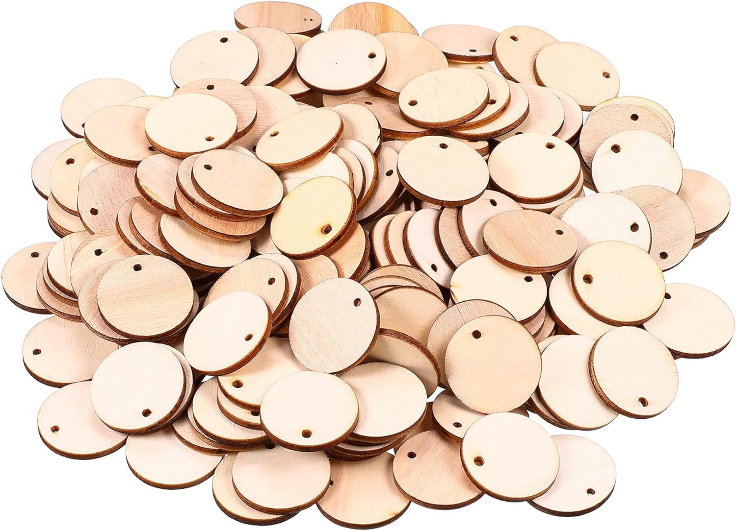 200 Pieces Unfinished Blank Wood Circle Pendants round Disc Circle Wood Pieces round Wooden Disk with Hole Small Wooden Pendant for Craft Decoration Embellishment (Diameter 1 Inch, Aperture 0.08 Inch)