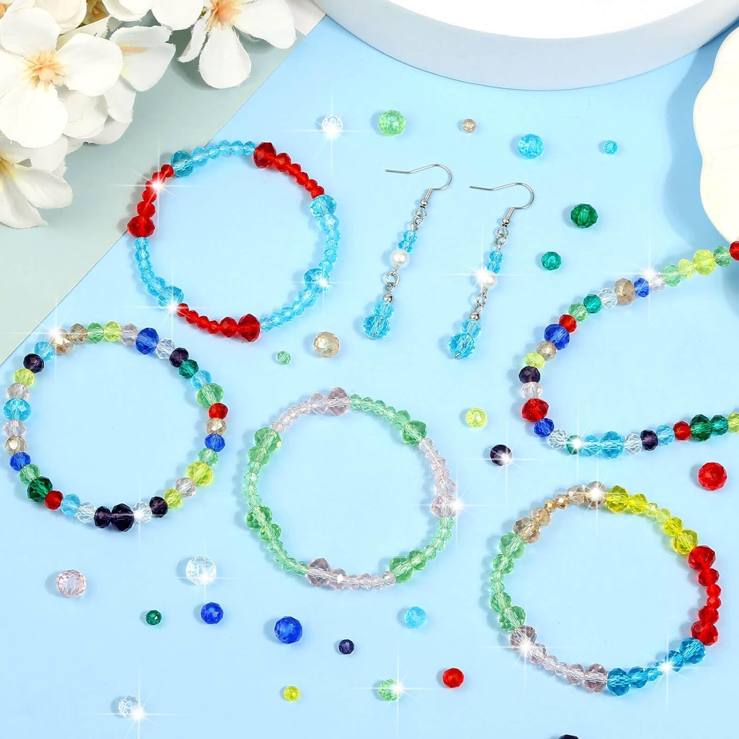 2000 Pcs Briolette Crystal Glass Beads for Jewelry Making, Rondelle Crystal Beads for Crafts and Suncatchers, 10 Coloers, 3 Sizes(4Mm, 6Mm, 8 Mm)