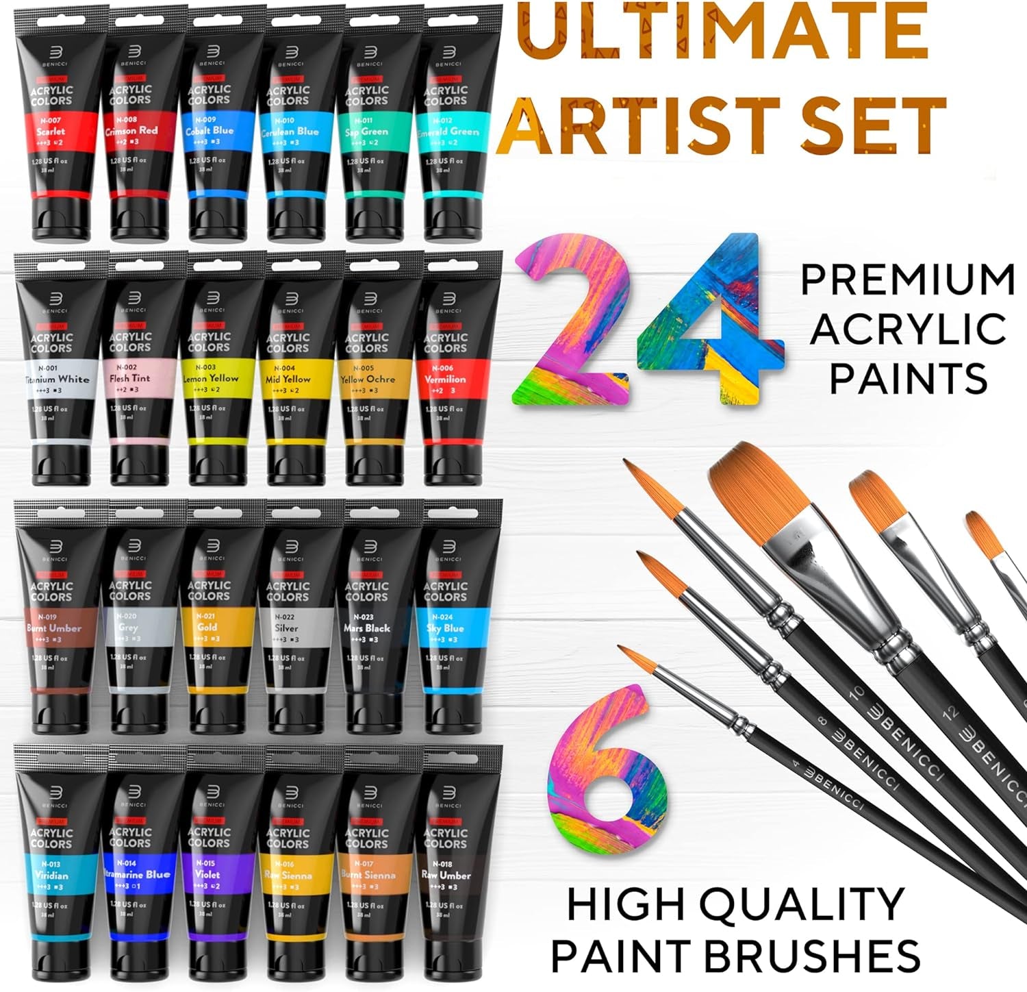 Premium Quality Acrylic Paint Set 24 Colors - 1.28Oz (38Ml) - with 6 Nylon Brushes - Safe for Kids &amp; Adults - Perfect Kit for Beginners, Pros &amp; Artists to Create Amazing Paintings and Artwork