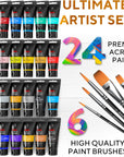 Premium Quality Acrylic Paint Set 24 Colors - 1.28Oz (38Ml) - with 6 Nylon Brushes - Safe for Kids & Adults - Perfect Kit for Beginners, Pros & Artists to Create Amazing Paintings and Artwork