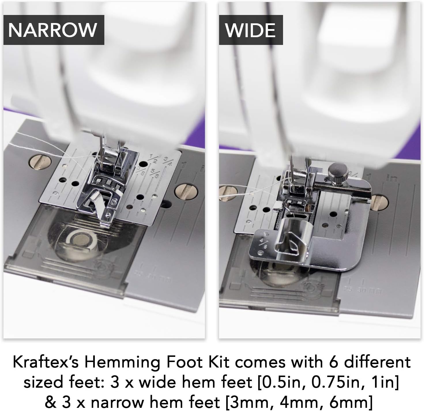 Rolled Hem Presser Foot [6 Sizes] Wide Rolled Hem Foot Set & Narrow Foot Hemmer Set for Brother, Singer & Janome Low Shank Sewing Machines. Hemming Pressure Feet with Distinctive Wide and Narrow Sizes