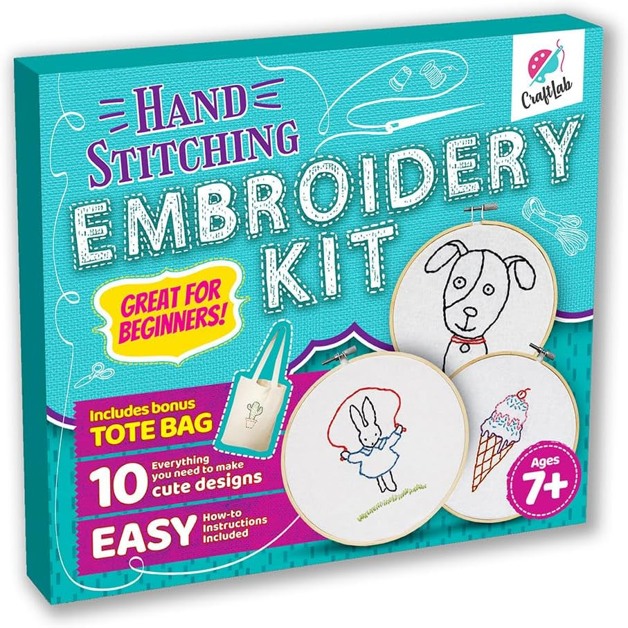 Embroidery Sewing Kit for Beginners, Kids Craft Kit Gift for Girls Boys Ages 8-12, 10 Projects, Embroidery Hoops, Fabric, Patterns, Floss, Needles, Needlepoint Cross Stitching Supplies