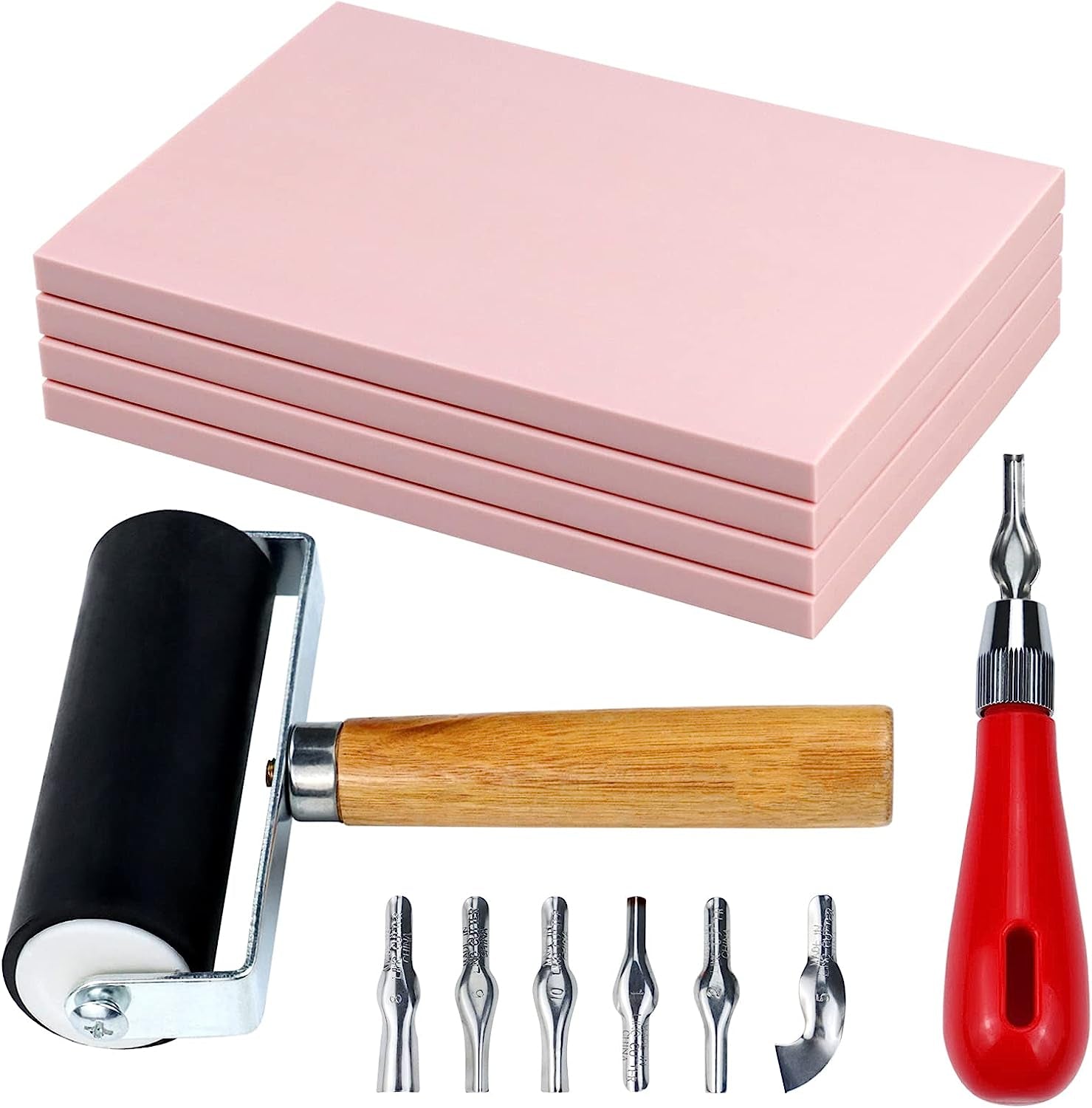 4 Pack Rubber Block Stamp Carving Blocks with Cutter Tools and Rubber Brayer Roller for Printmaking and More Crafts