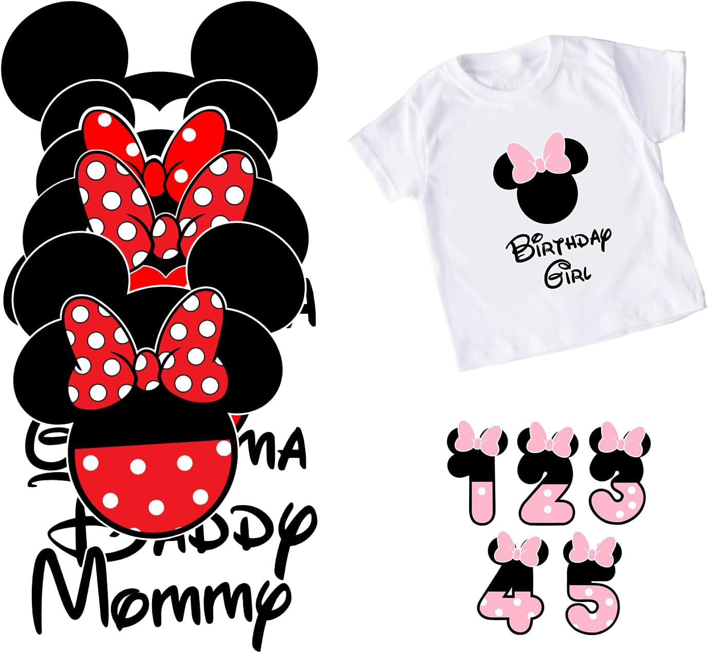 Iron on Decals for Family Shirts - Matching Tees Mouse Silhouette Heat Transfer Vinyl Patches for Theme Park Vacation Birthday Party Clothing Patches - Girl Set,Red Black Pink,Mmouse - 001