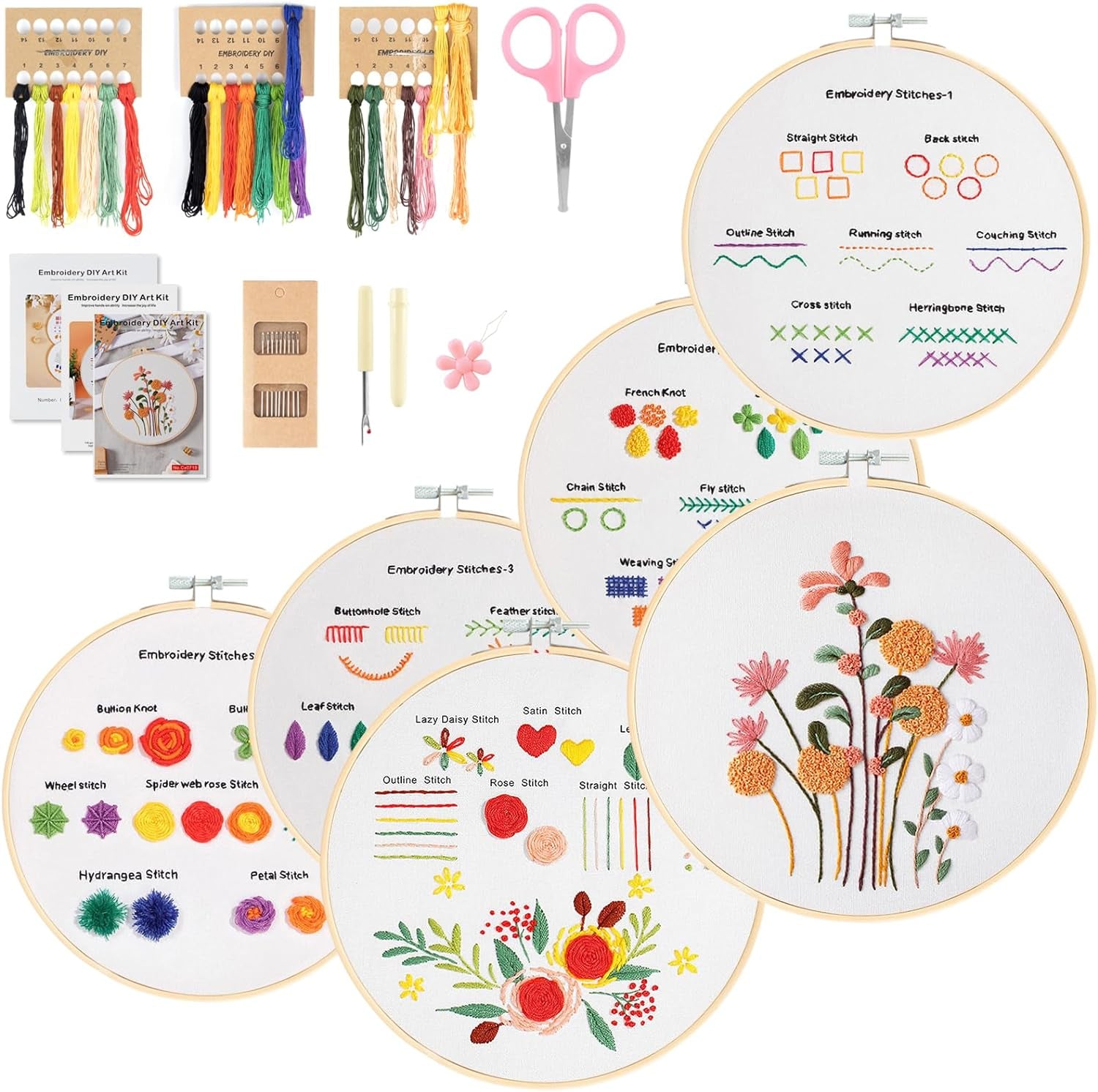 4 Sets Embroidery Kit for Beginners Adults &amp; Kids to Learn 29 Basic Embroidery Stitch Practice Kit,Embroidery Starter Kit for Beginners with Embroidery Patterns, Hoop,Threads,Tools