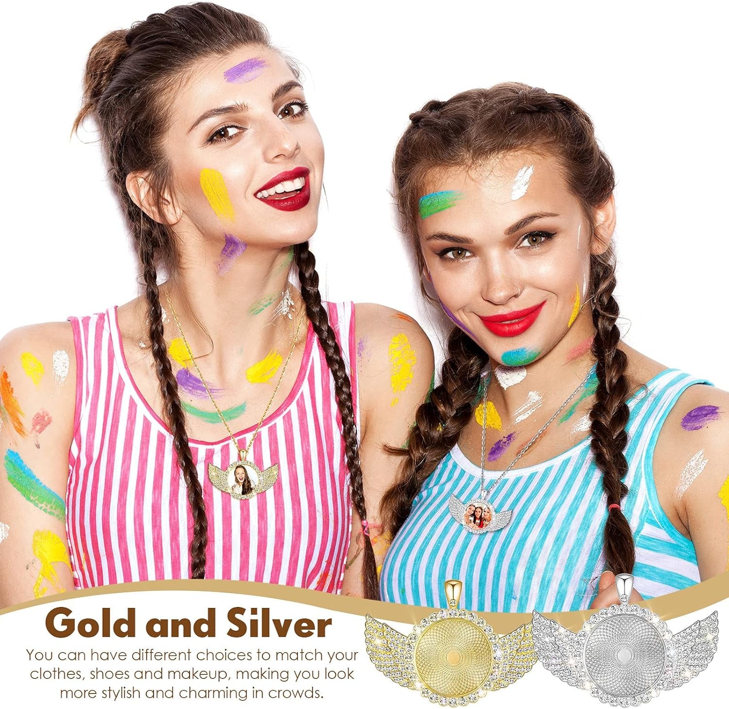 60 Pcs Sublimation Angel Wing Jewelry Blanks Set Rhinestone Bezel Pendant Trays Glod and Silver Sublimation Necklace Blank with Chain Set for Making Crafts Wedding Jewelry Gifts