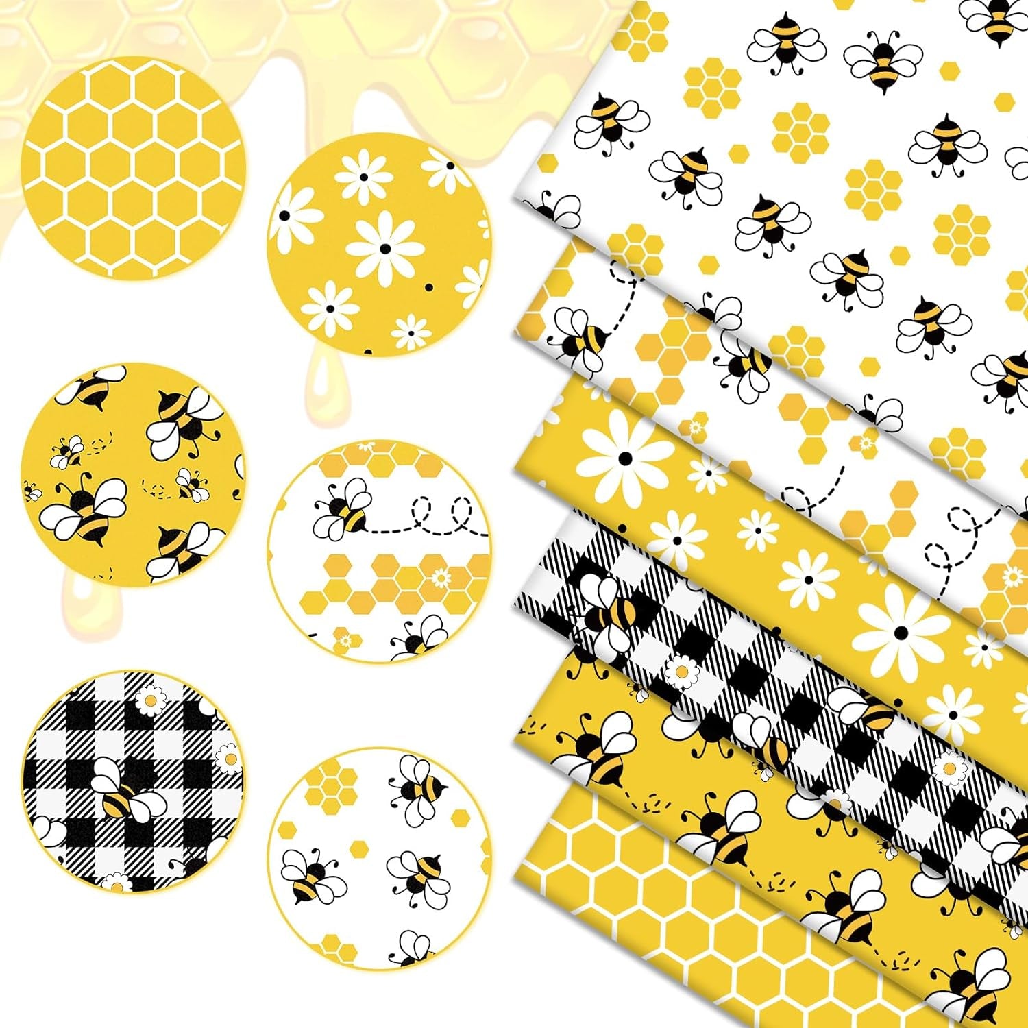 6Pcs Summer Cotton Fabric Bundles Bee Daisy Honeycomb Plaid Fat Quarters Bee Theme Quilting Patchwork Squares for DIY Handmade Craft Decor, 18 X 22 Inch