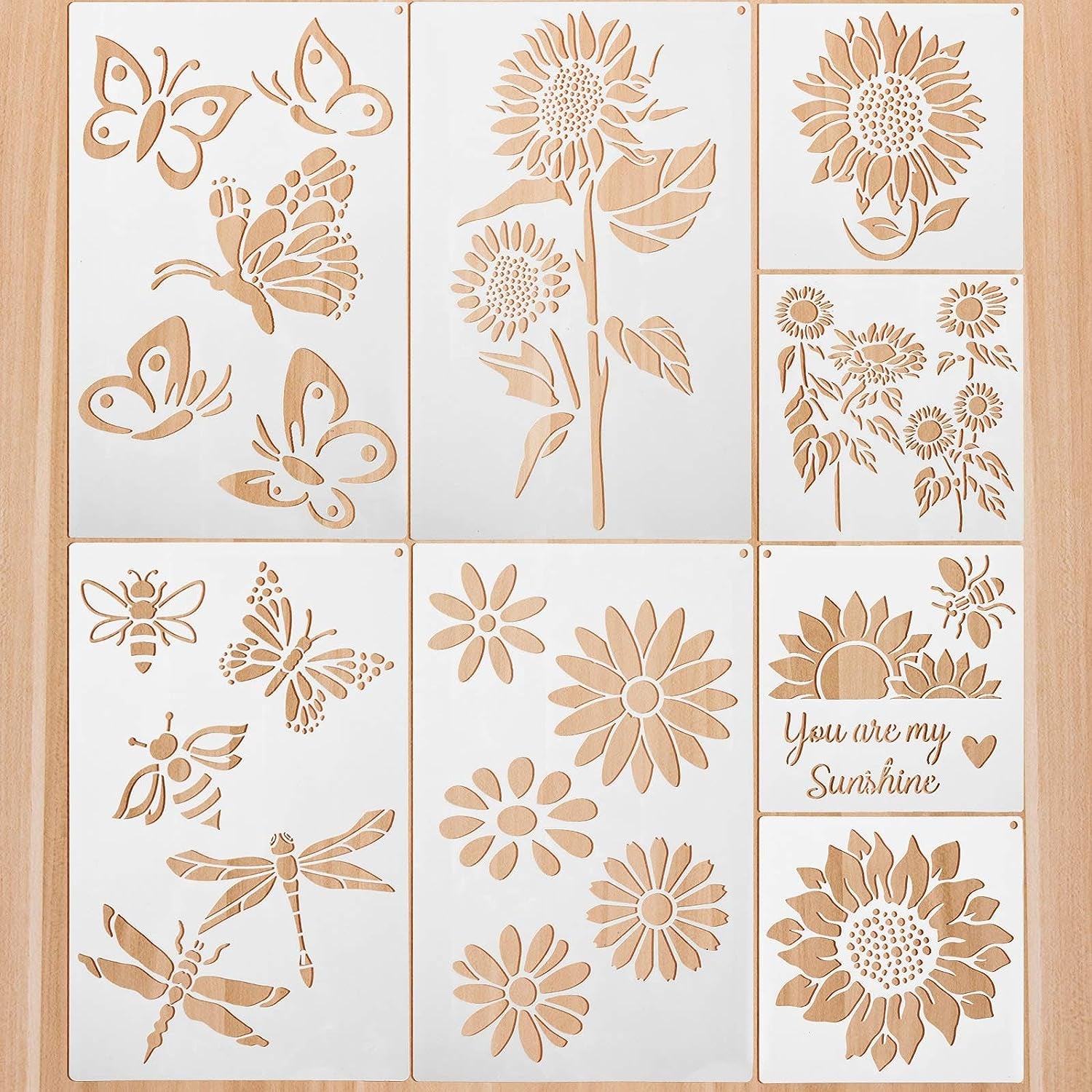 8 Pieces Sunflower Butterflies Painting Stencils for Painting on Wood Flower Butterfly Stencil Kit for Painting on Wall Canvas You Are My Sunshine Reusable Plastic Template for Door Home Decoration