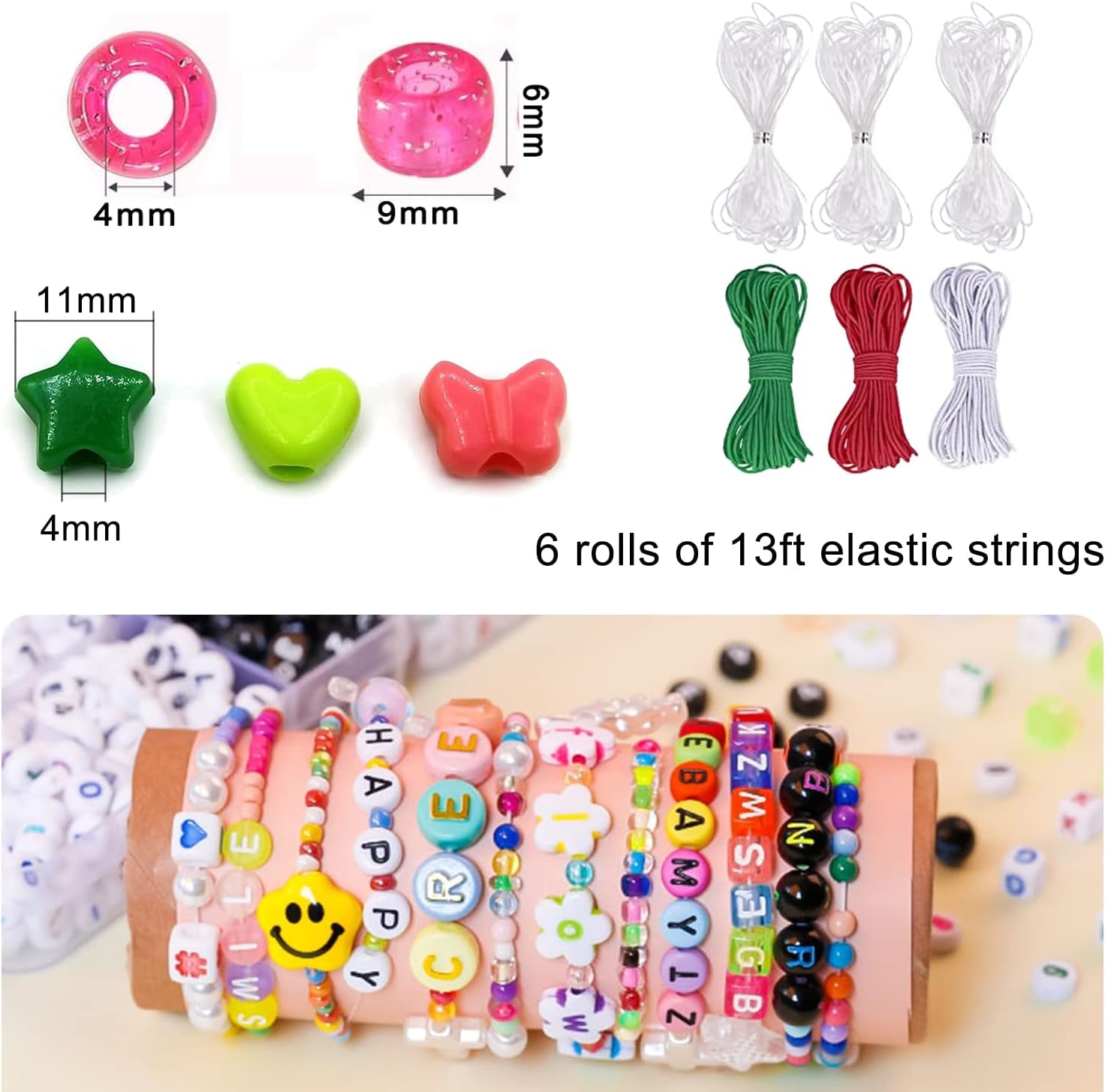 3430Pcs Pony Beads for Bracelets Making Kit, 44 Colors 2400Pcs Kandi Bracelet Kit with 720Pcs Letter Beads and 300Pcs Smiley Face Beads, Large Hole Beads for Jewelry Making, with Elastic Strings