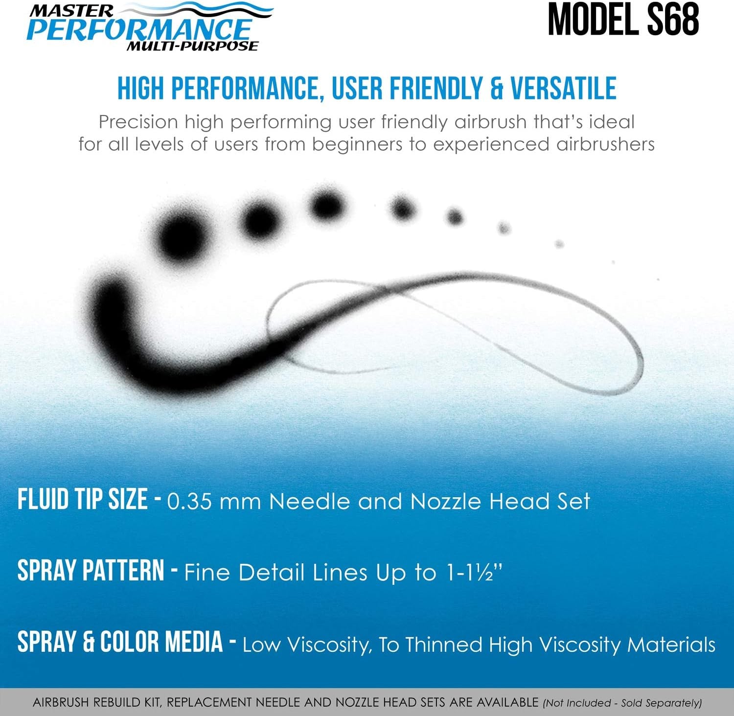 Master Performance S68 Multi-Purpose Precision Dual-Action Siphon Feed Airbrush, 0.35 Mm Tip, 3/4 Oz Fluid Bottle, Color Cup - User Friendly Set Kit - How-To-Airbrush Guide - Auto, Art, Hobby, Cake