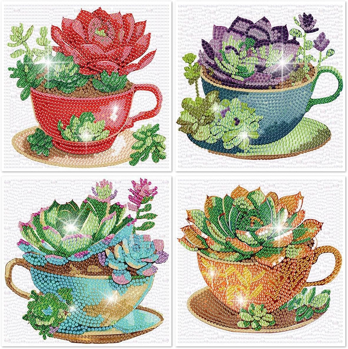 4 Pack Diamond Painting Kits,Easy Diamond Painting Kits for Beginners,5D Succulents Diamond Art Kits,Diy Plants Diamond Dots Big Gem Crafts for Home Wall Decor Gifts （6X6Inch）.