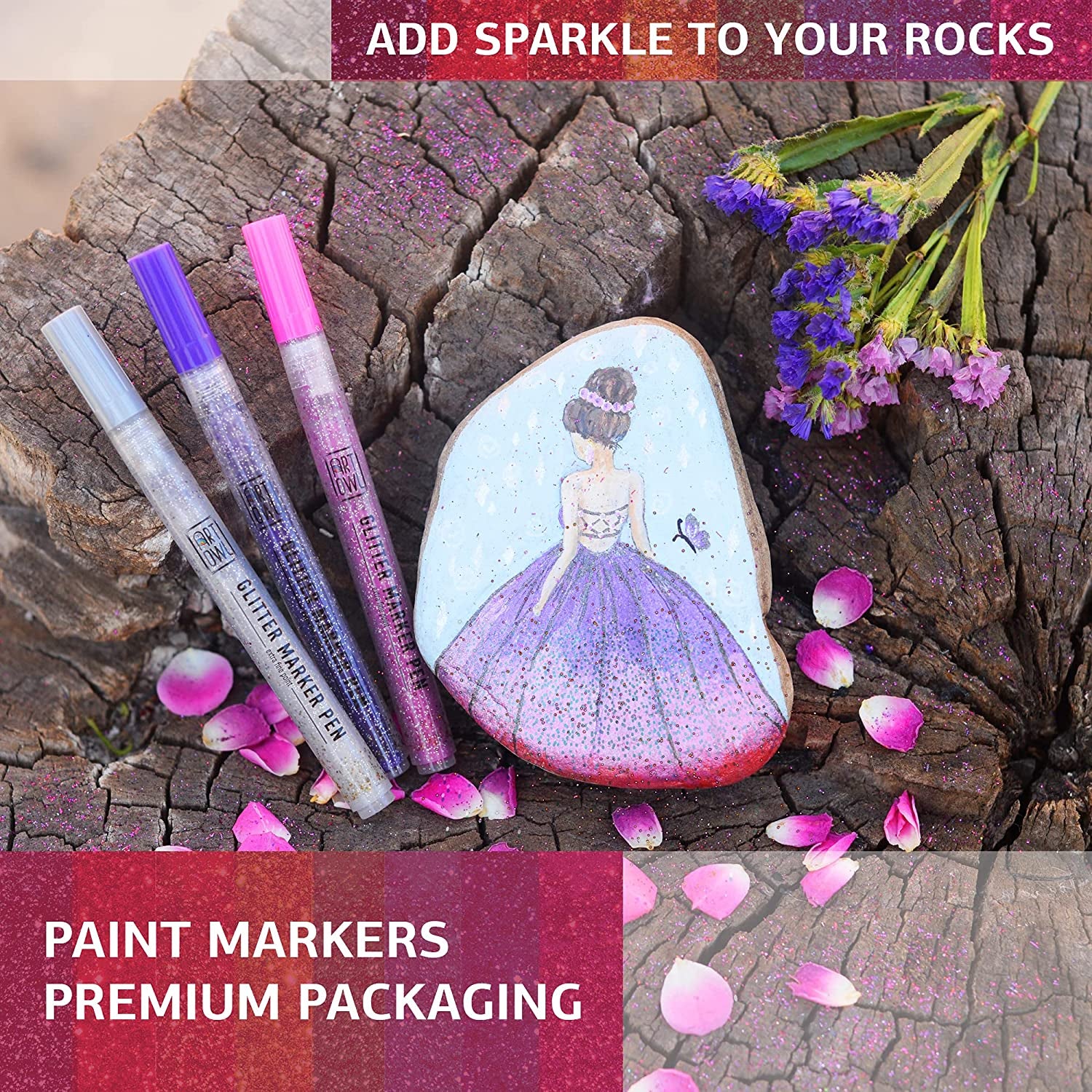 Acrylic Glitter Paint Marker Pens, Ultra Fine Point 0.7Mm - Sparkle Paint Pens for Rock Painting, Stone, Ceramic Glass, Wood, Card Stock, Canvas, DIY Crafts - Set of 12