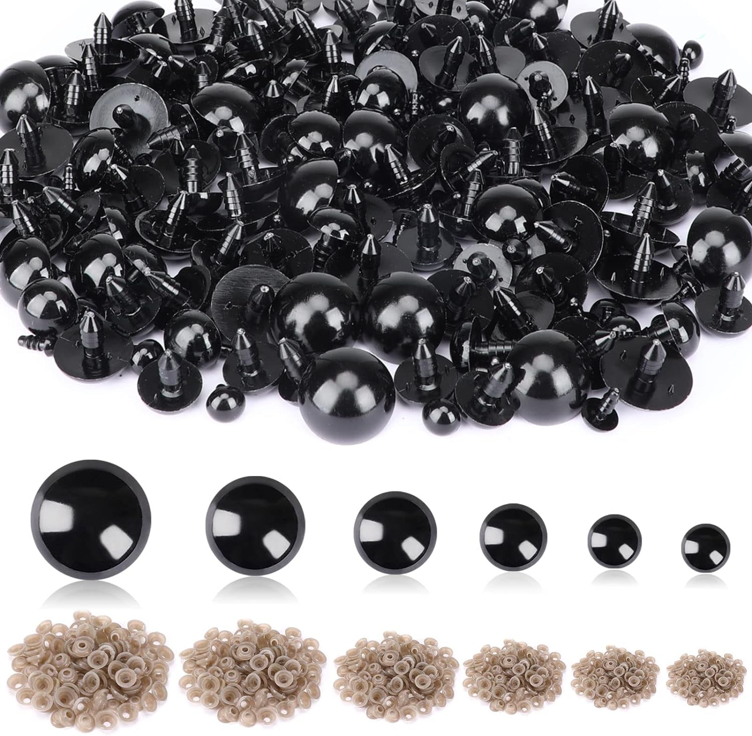900 Pieces 6-16MM Black Plastic Safety Eyes with Washers for Crochet Animal Crafts Doll Making Supplier Bulk (6 Sizes)
