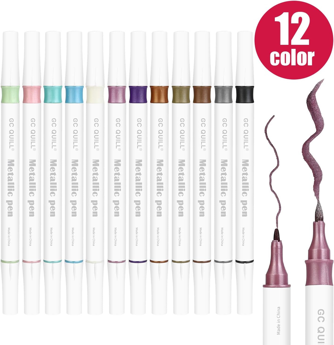 12 Colors Metallic Marker Pens - Dual Tip Brush and Fine Point Pens for DIY Album, Black Cards, Scrapbooking, Craft Supplies, on Ceramic, Stone, Glass, Fabric GC-MP12