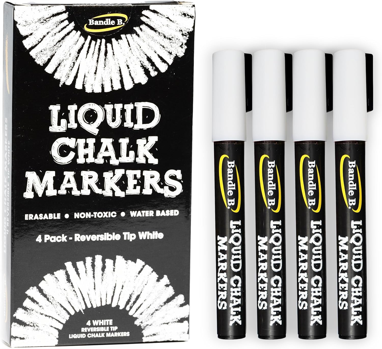 4-Pack White Erasable Chalk Markers - Non-Toxic, Water-Based, Reversible Tips for Kids &amp; Adults, Glass &amp; Chalkboards