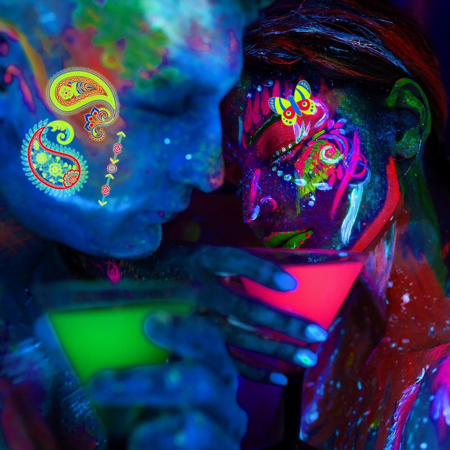 Glow in the Dark Party Supply 20 Sheet (Over 160 Pcs) Glow Temporary Tattoo Stickers,12 UV Neon Light Face Body Crayons Paint Kit for Kid Adult Masquerade Masks Mardi Gras Supplies Neon Favor