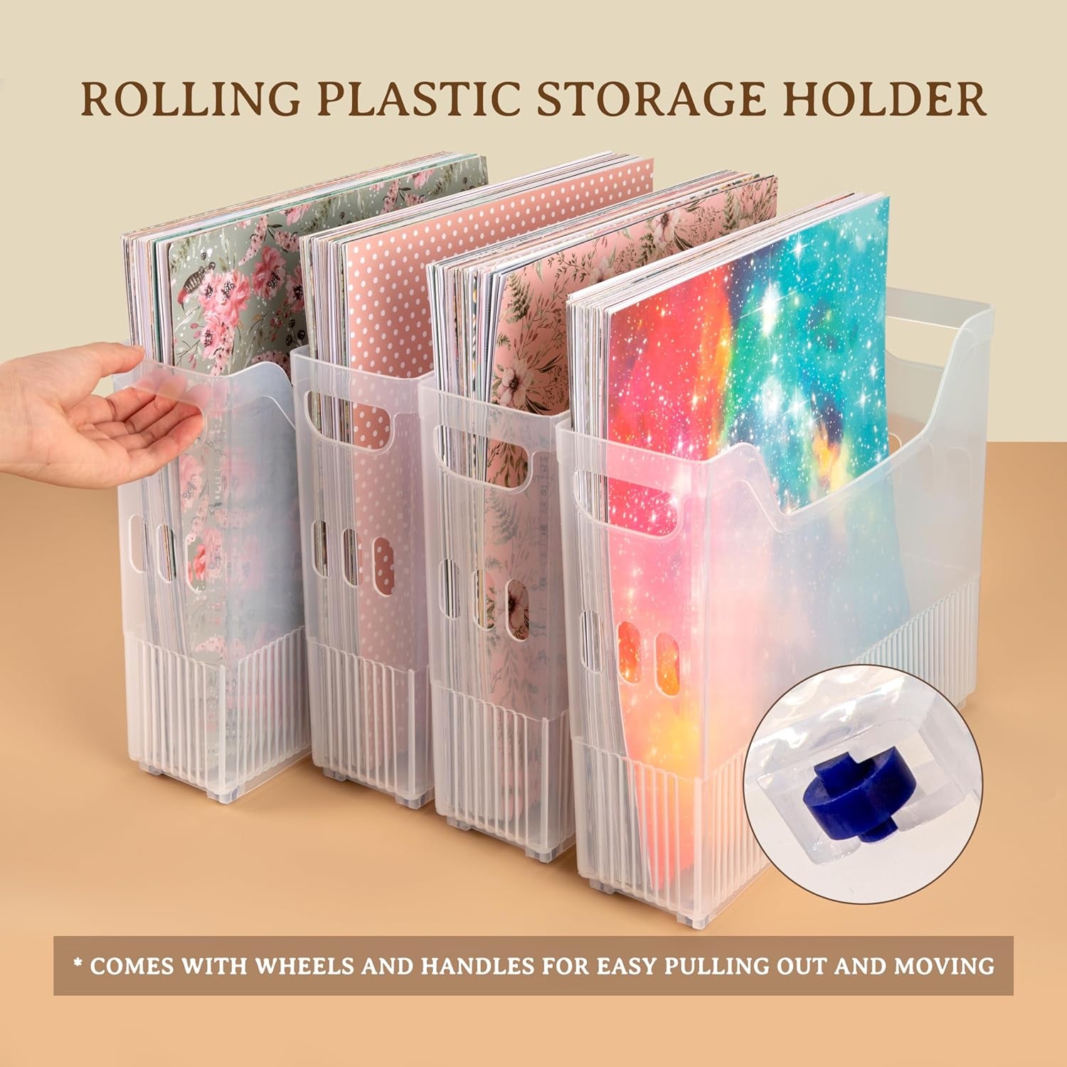 4 Pack Scrapbook Paper Storage with Wheels, Plastic Scrapbook Storage Bin for Holding 12" X 12" Papers, Scrapbook Papers, Vinyl Sheets, Cardstocks