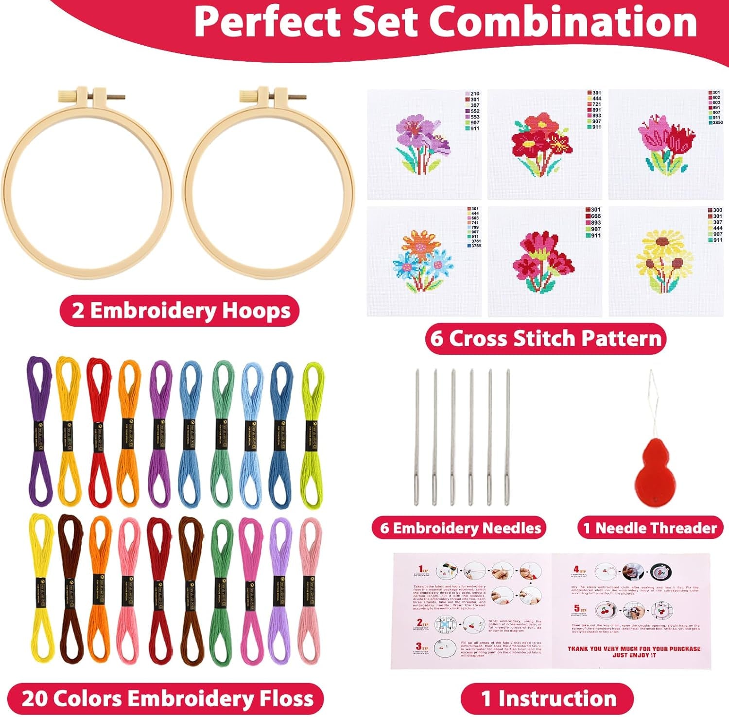6PCS Cross Stitch Kits for Beginners DIY Embroidery Kit for Kids Adults Birthday Back to School Gift Spring Summer Flower Needlepoint Patterns with 2 Embroidery Hoops Craft Supplies