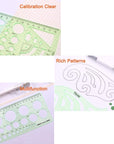 11 Piece Geometric Drawing Template Measuring Ruler, Transparent Green Plastic Ruler with Portable Plastic Bag For, for Studying, Designing and Building