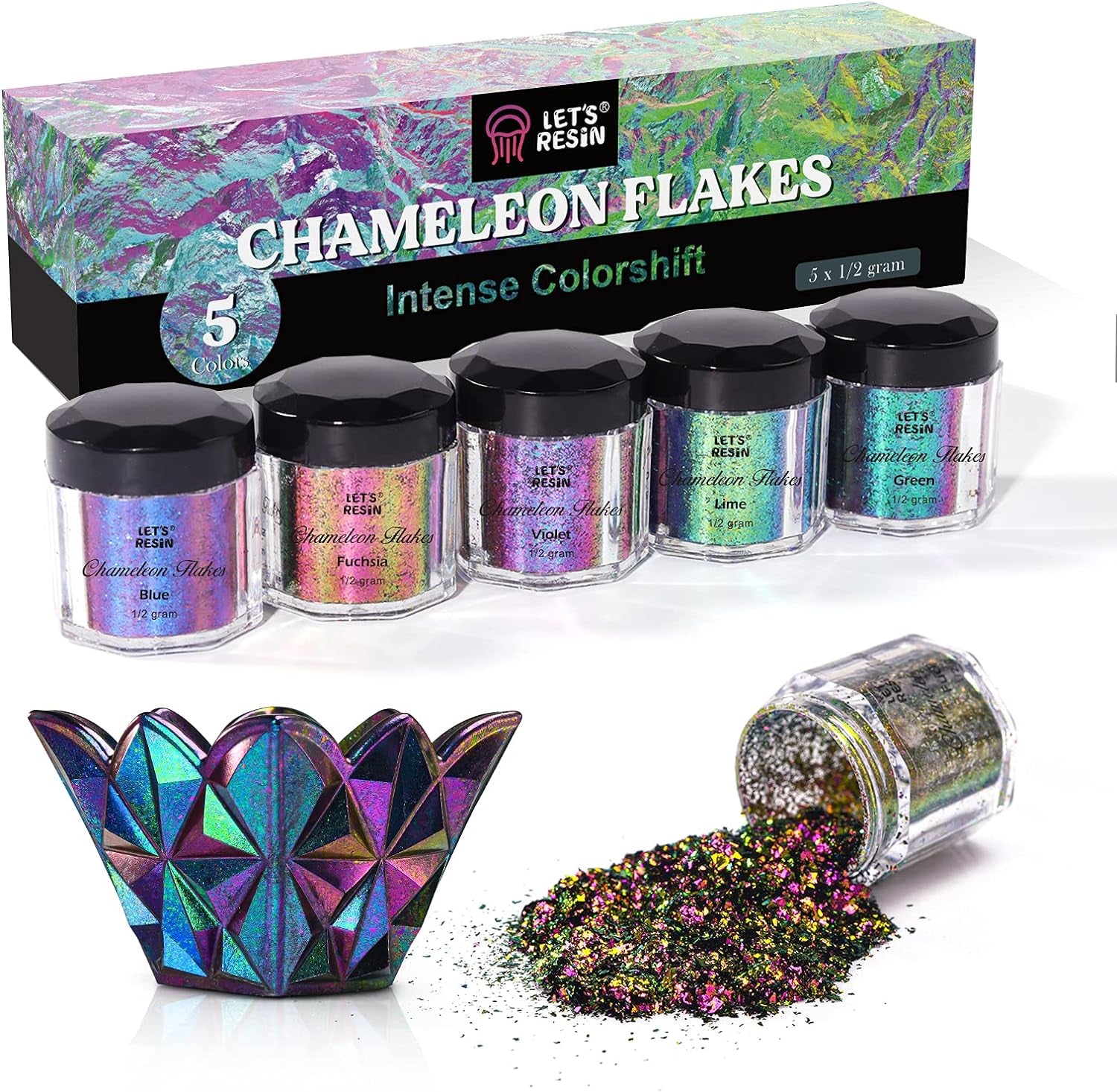 Chameleon Flakes, Resin Supplies -Intense Color Shift Pigment Powder for Resin Molds/Tumblers, Chrome Powder Pigment for Christmas Nail Art/Paint/Soap Making
