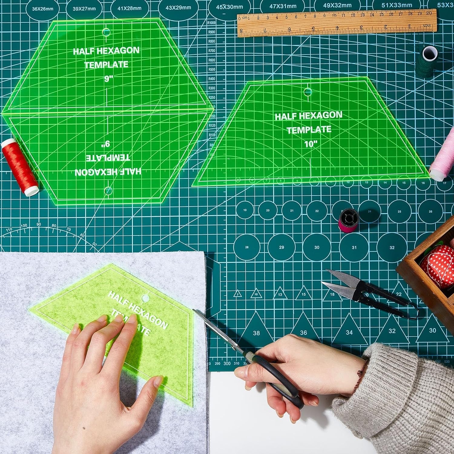 3 Pcs Half Hexagon Quilting Template Acrylic Quilting Template Ruler 8 9 10 Inch Quilt Rulers for Quilting and Sewing Layer Cake Patchwork Quilt Supplies for Cutting Patterns DIY Craft (Green)