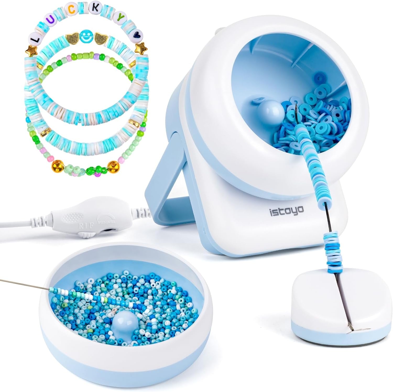 2IN1 Adjustable Electric Clay and Seed Bead Spinner - Dual-Purpose Jewelry Making Tool with Big Eye Beading Needle - Ideal for Bracelets and Necklaces - Vibrant Pink