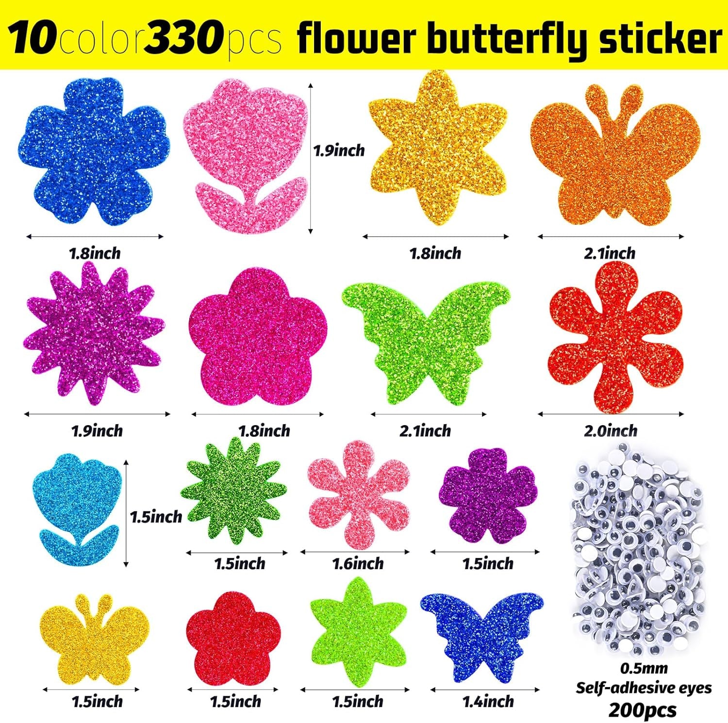 330Pcs Glitter Flower Stickers 10 Colors Foam Flower Stickers and Butterfly Stickers with 200 Self-Adhesive Eyes Kid Preschool Activity DIY Arts Craft Supplies for Greeting Cards Decoration
