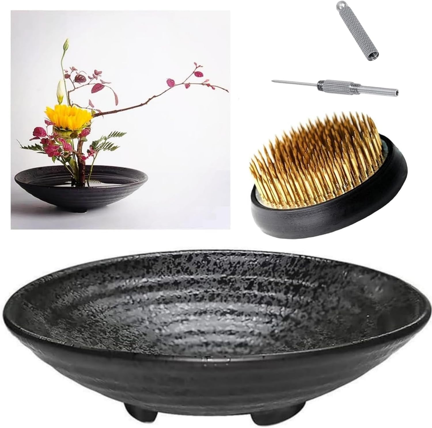 Japanese Ikebana Kit Floral Frog Flower Container with Kenzan Needle Straightening Tool (Large Tripod Bowl)