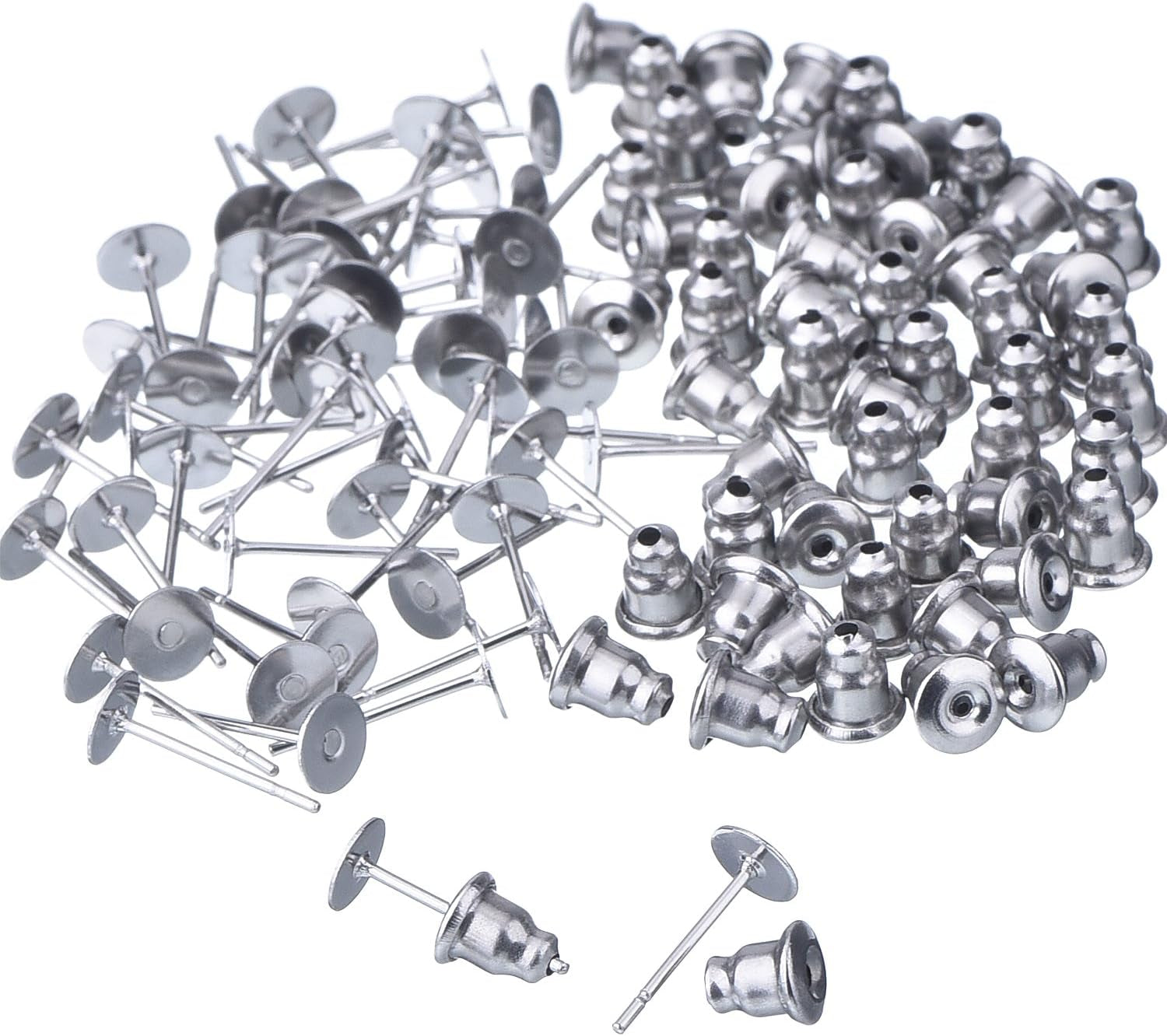 100 Pieces Stainless Steel Bullet Clutch Earrings Safety Backs and Blank Earring Pin Studs Findings Posts (Silver)