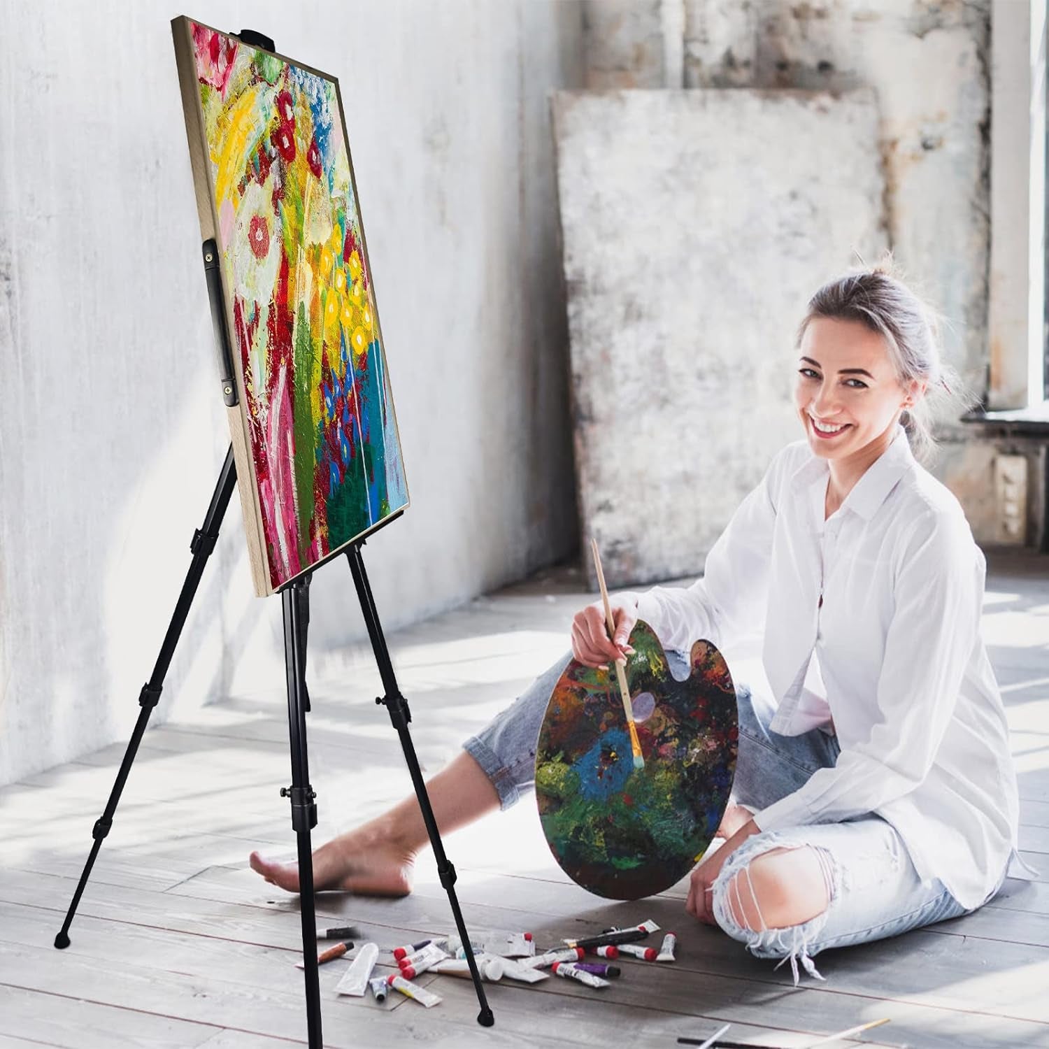 Portable Artist Easel Stand, Metal Tripod Adjustable Easel for Painting Canvases Height from 17 to 66 Inch,Carry Bag for Table-Top/Floor Didplaying and Wedding Signs,Black(1Pack)