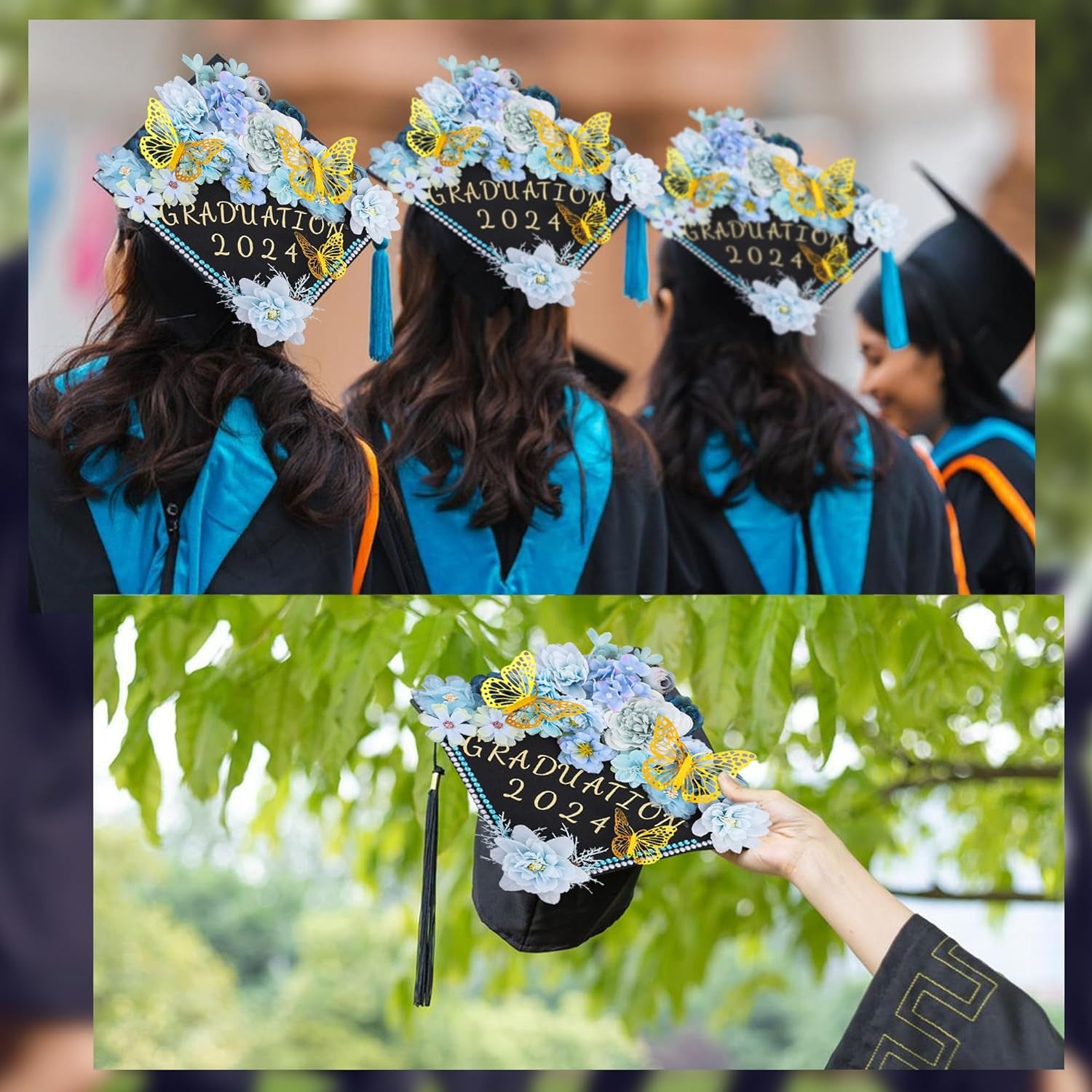 Graduation Cap Decorations Kit Include Assorted Flowers 3D Butterfly Stickers Glitter Rhinestones Alphabet Letter Number Stickers for DIY Grad Cap 2024 Graduation Party Supplies (Blue Flower)