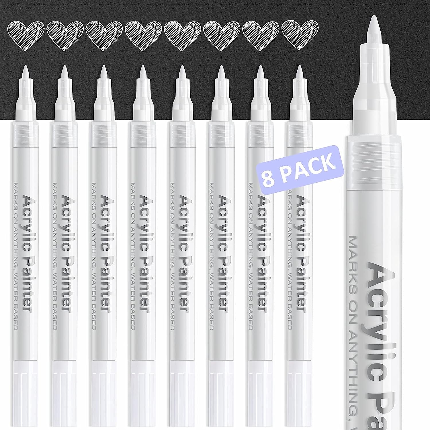 White Paint Pen Acrylic Marker: 8 Pack 0.7Mm White Paint Marker for Black Paper, Metal, Wood, Plastic, Ceramic, Metallic, Rock Painting, Drawing, Extra Fine Point, Ideal for Artist & Students