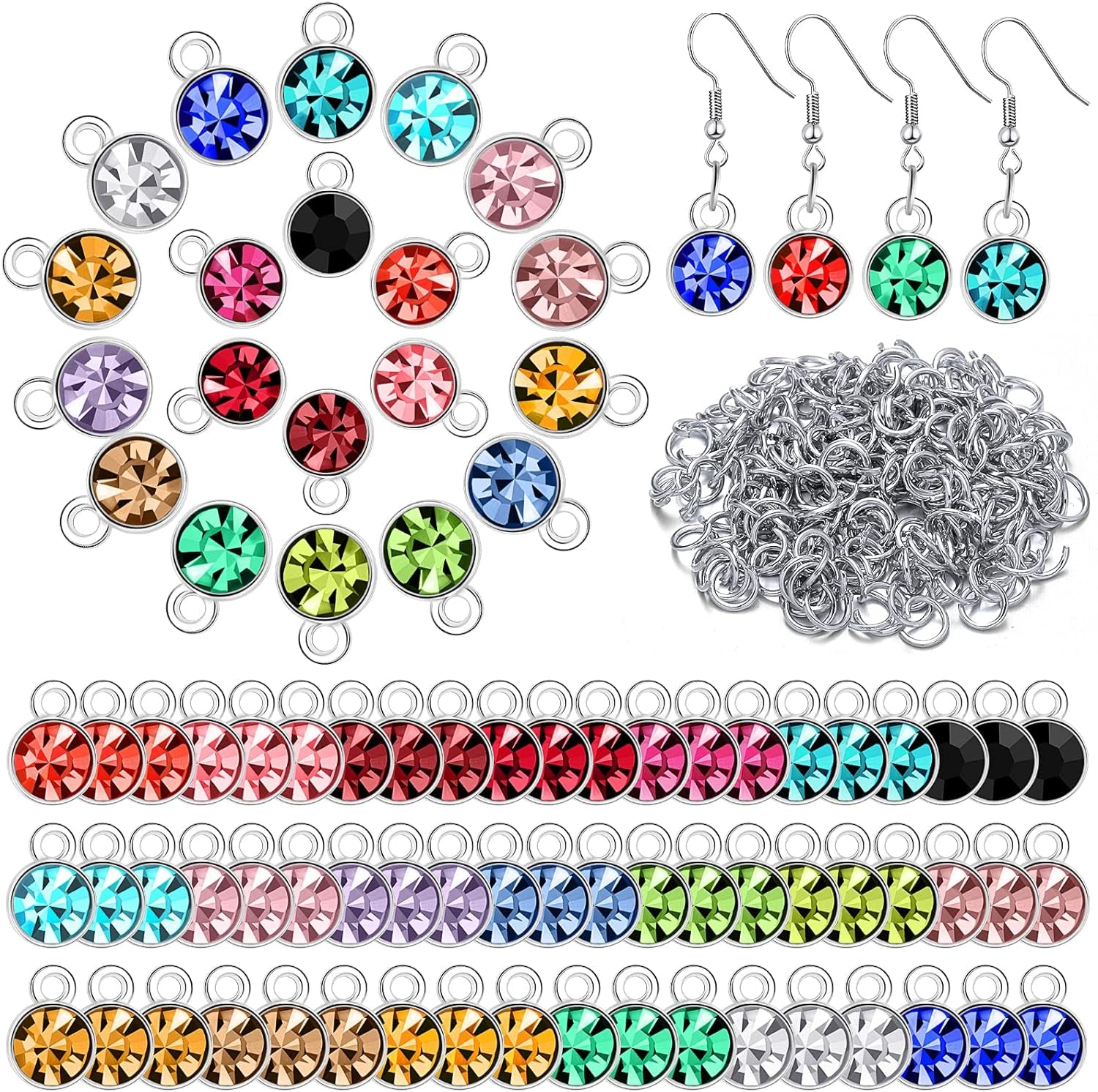 80 Pieces Crystal Birthstone Charms with 200 Jump Ring Handmade DIY Beads Pendant Mixed Color Birthstones for Jewelry Making round Charms for Bracelets Necklaces Jewelry Findings (Vivid Color)