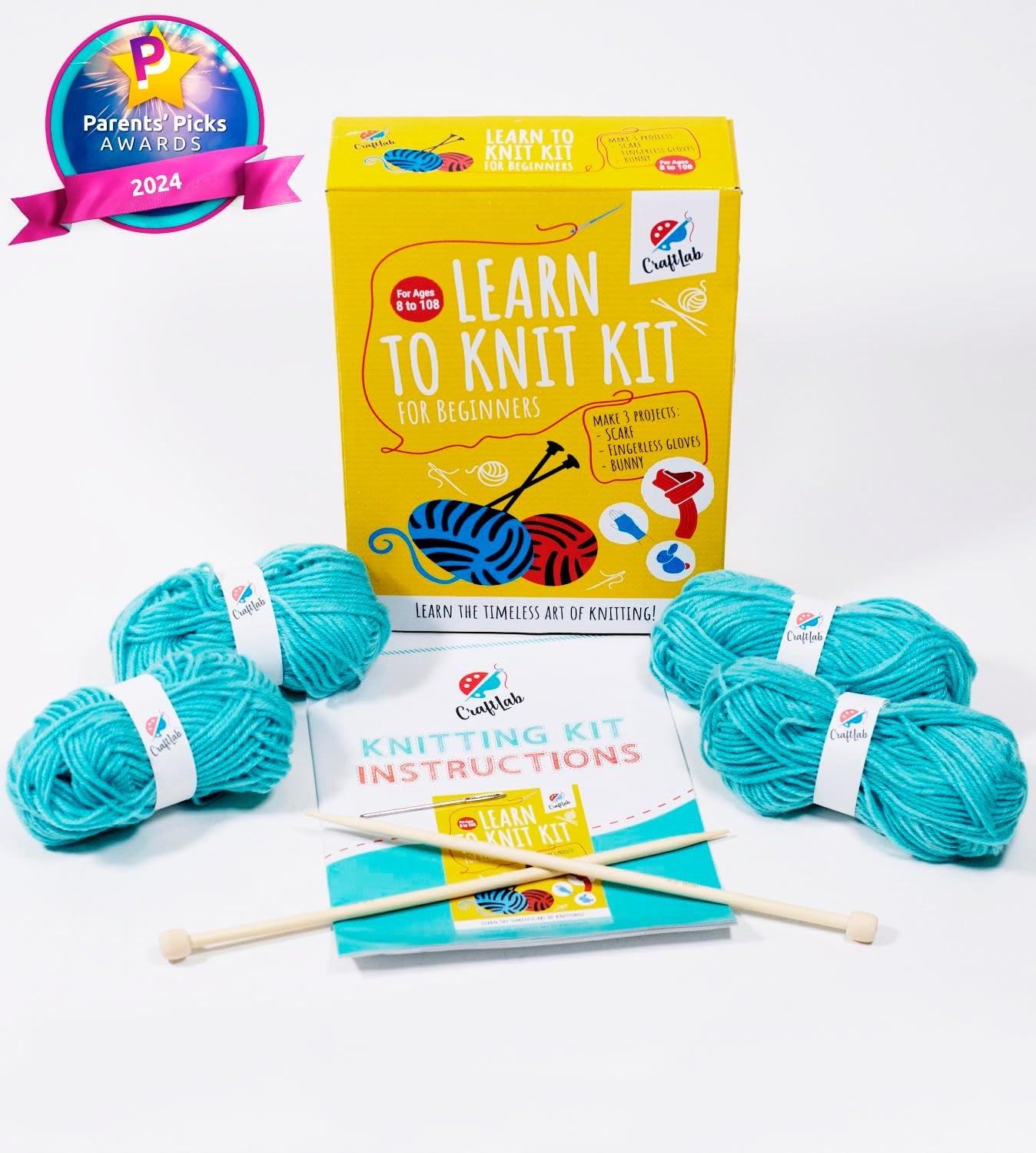 Knitting Kit for Beginners, Kids Adults Seniors Includes All Knitting Supplies: Wool Yarn, Knitting Needles, Yarn Needle and Instructions – Fantastic DIY Gift Learn to Knit Arts & Crafts Kit