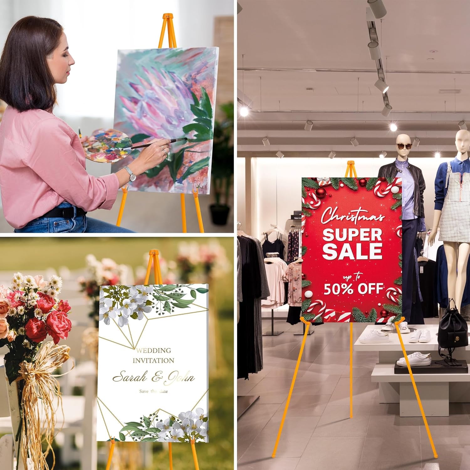 63" Easel Stand for Wedding Signs, Posters, Portable Artist Easel for Painting Canvas, Tripod for Home and Office, Supports 5 Lbs-Yellow 1/Pack