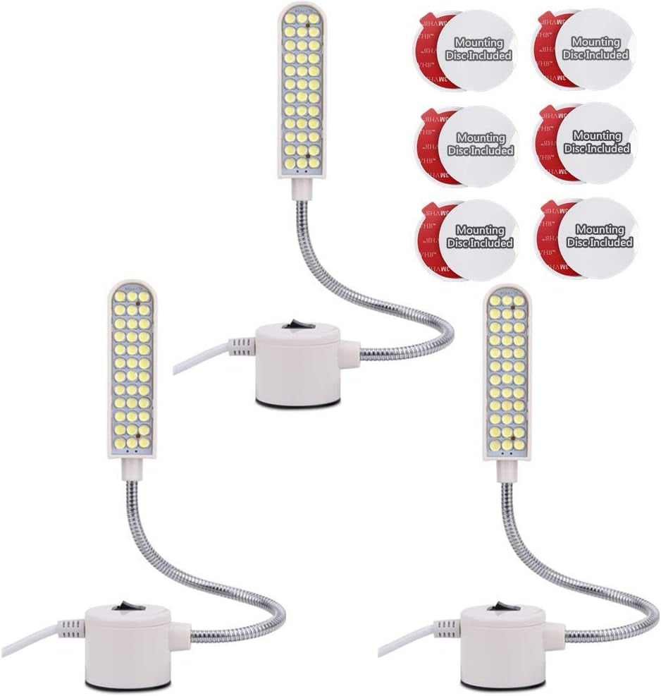 Sewing Machine Light (36LED) Gooseneck Work Light with Magnetic Mounting Base, White Soft Light for Lathes, Drill Presses, Workbenches (3PACK)