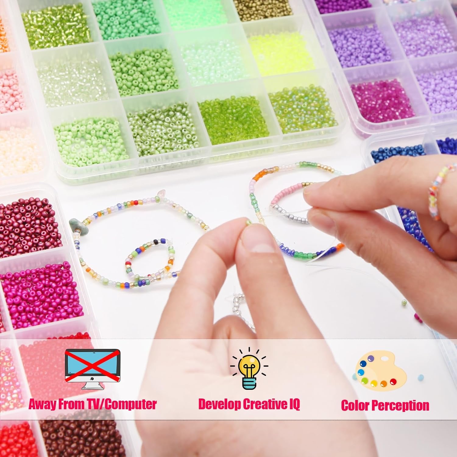 57600Pcs 2Mm Glass Seed Beads Small Craft Beads for DIY Bracelet Necklaces Crafting Jewelry Making Supplies with Beading Needles Elastic Strings (144 Colors, 400Pcs per Color)