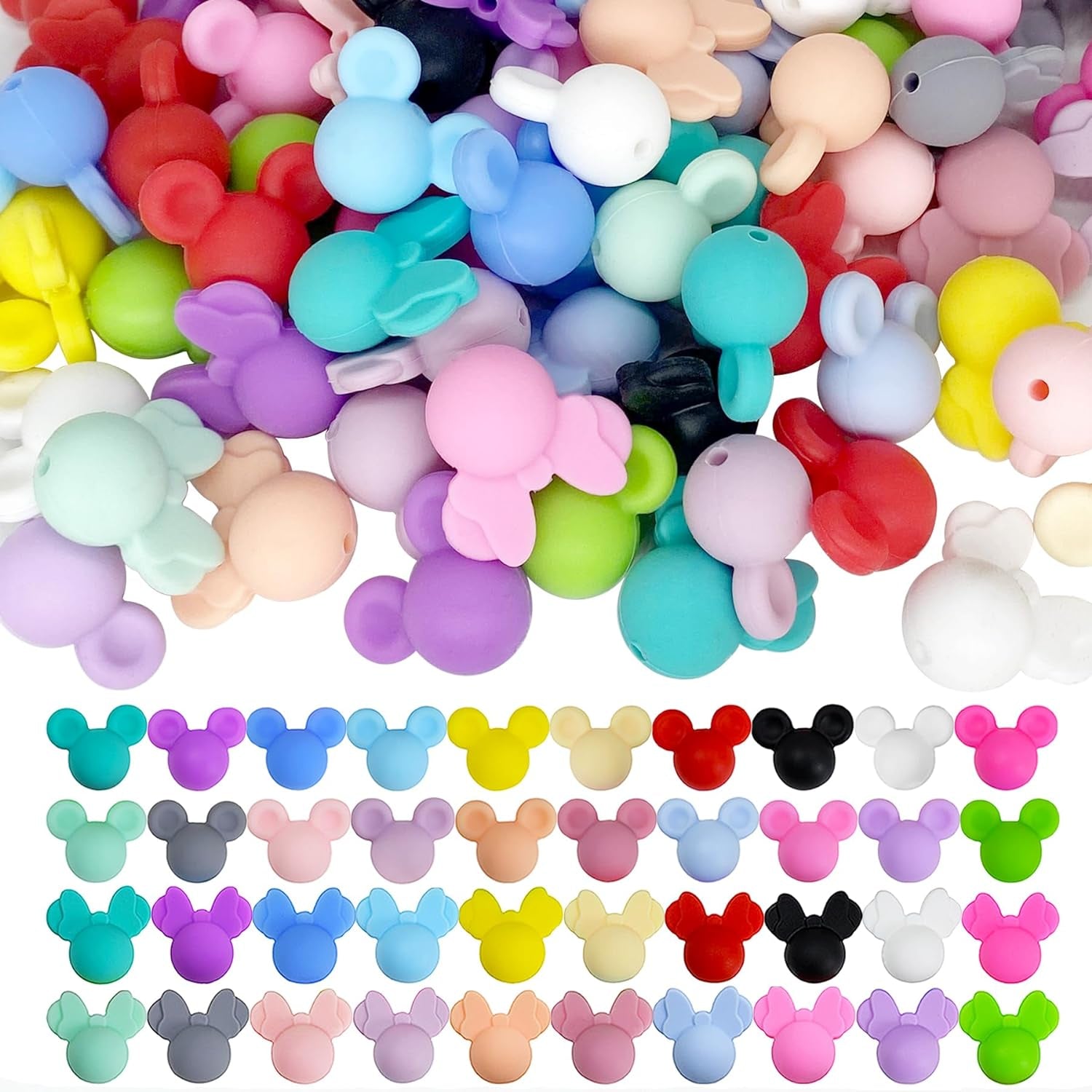 42 Pcs Mouse Head Silicone Focal Beads Cute Cartoon Loose Beads Accessory for DIY Keychains Bracelet Necklace Pens Lanyard Making