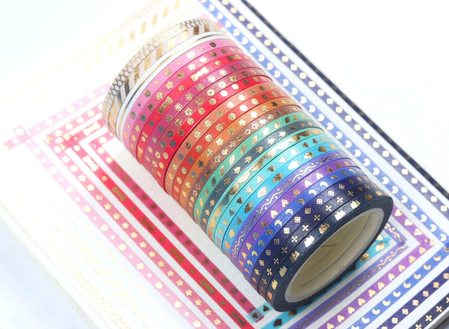 24 Rolls Skinny Washi Tape Set Gold Foil Print Decorative Tapes for Arts, DIY Crafts, Journals, Planners, Scrapbooking, Wrapping (Slim 3Mm)