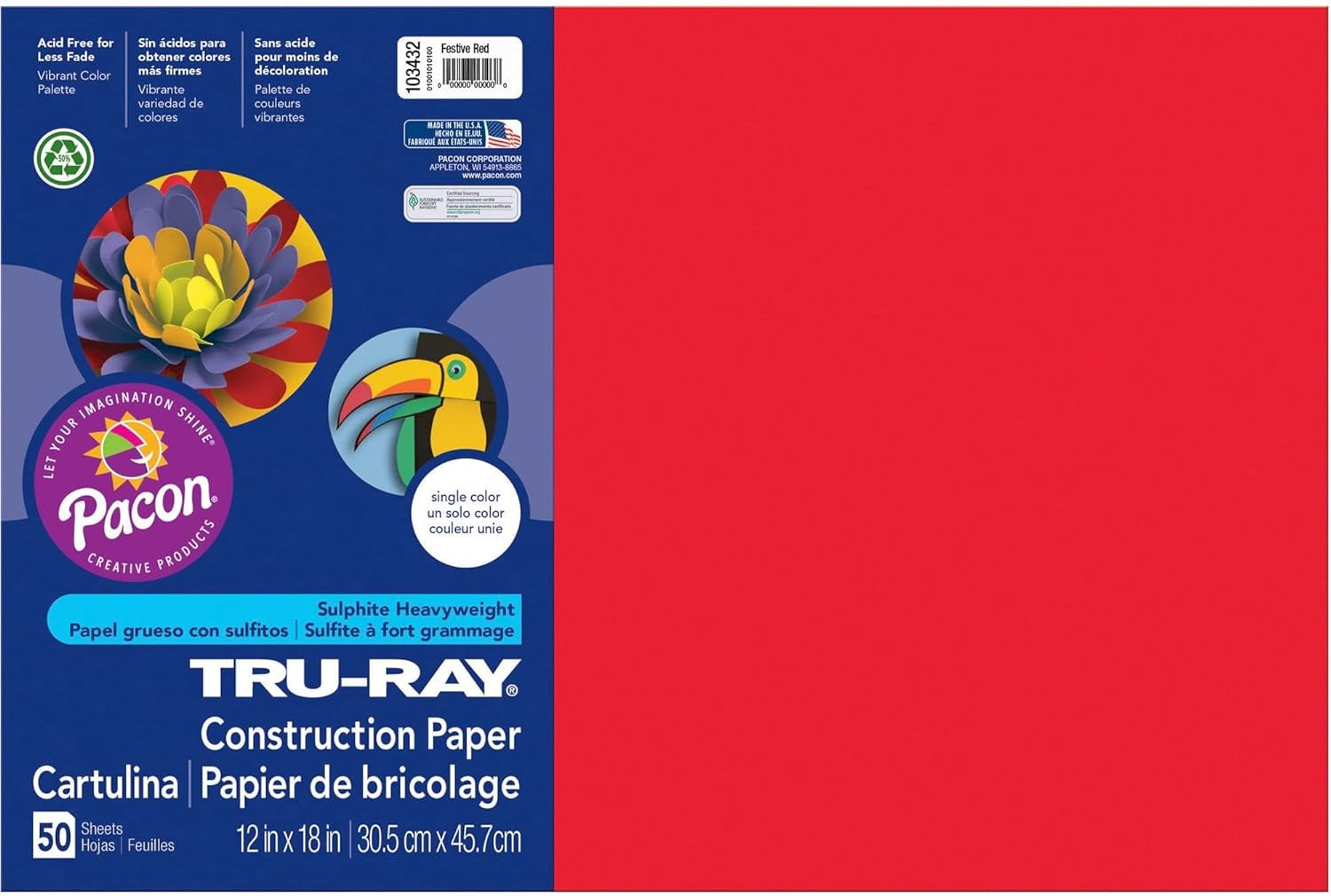® Construction Paper, 50% Recycled, 12" X 18", Festive Red, Pack of 50